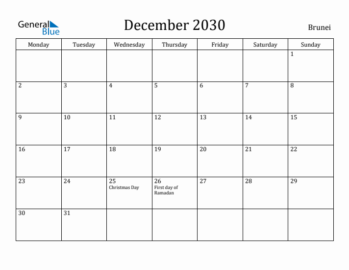 December 2030 Calendar Brunei