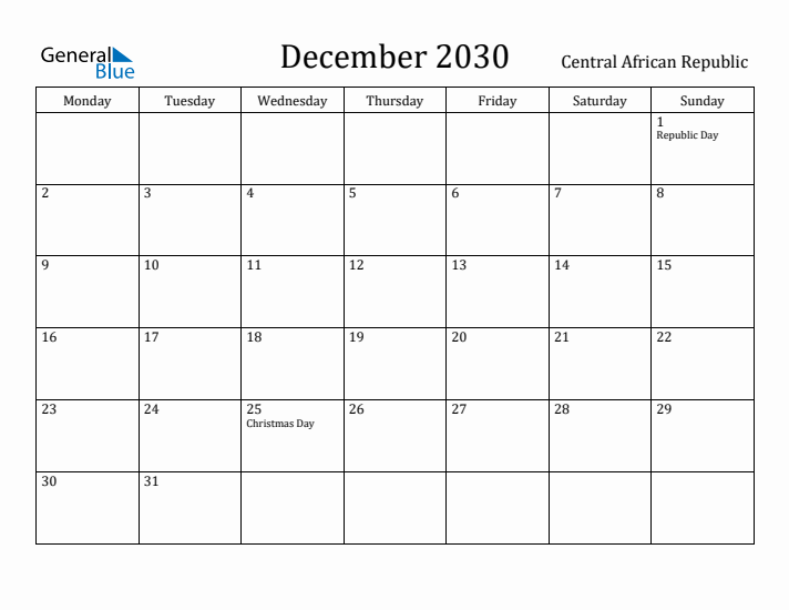 December 2030 Calendar Central African Republic