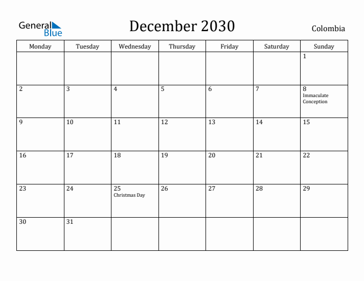 December 2030 Calendar Colombia