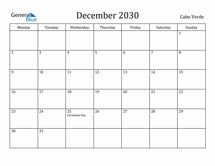 December 2030 Calendar Cabo Verde