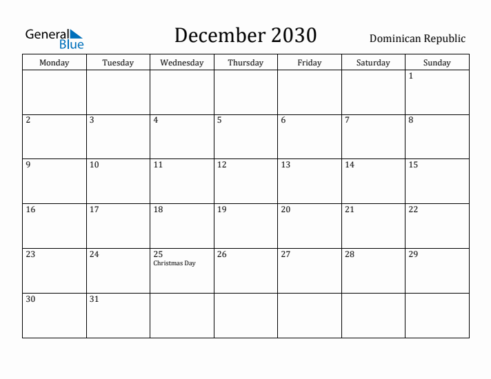 December 2030 Calendar Dominican Republic