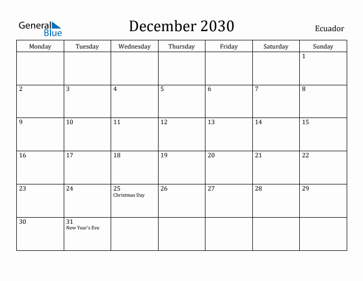 December 2030 Calendar Ecuador