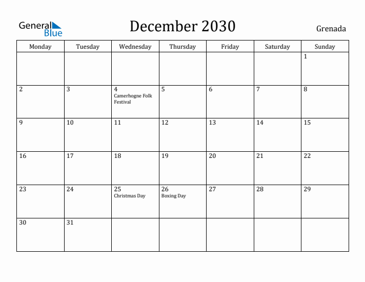 December 2030 Calendar Grenada