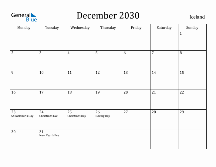 December 2030 Calendar Iceland