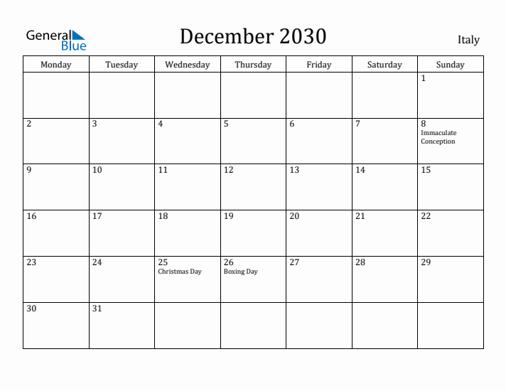 December 2030 Calendar Italy