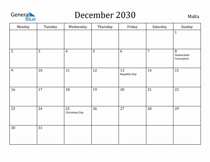 December 2030 Calendar Malta