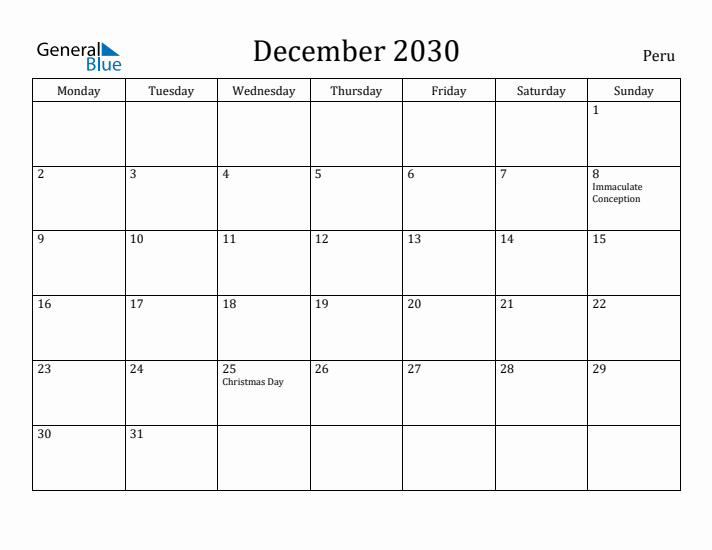 December 2030 Calendar Peru