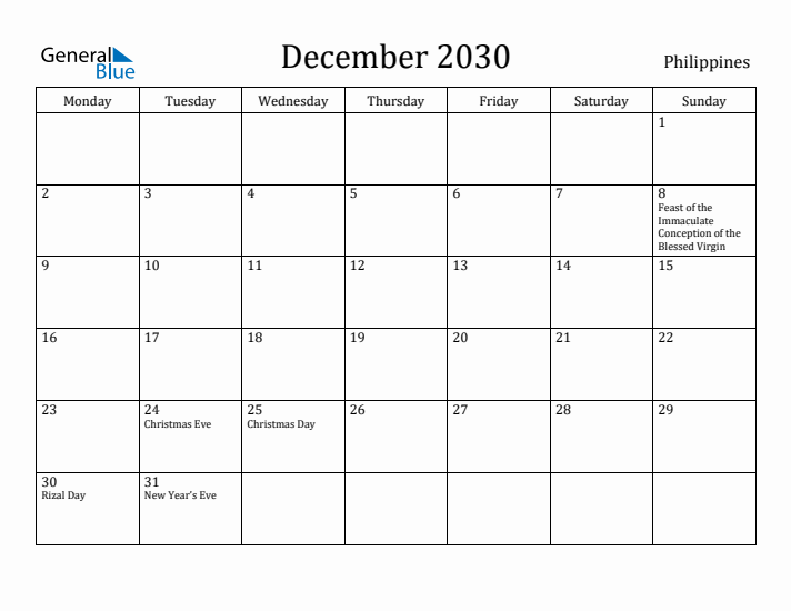 December 2030 Calendar Philippines