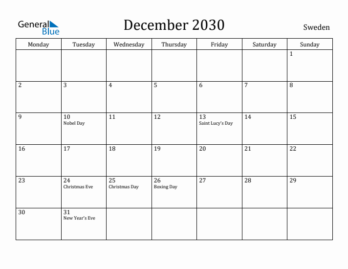 December 2030 Calendar Sweden