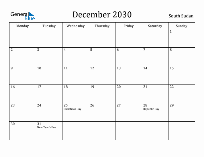 December 2030 Calendar South Sudan