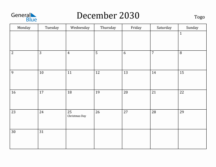 December 2030 Calendar Togo