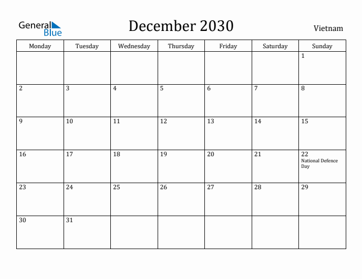 December 2030 Calendar Vietnam