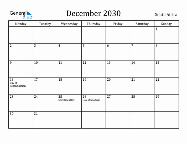 December 2030 Calendar South Africa