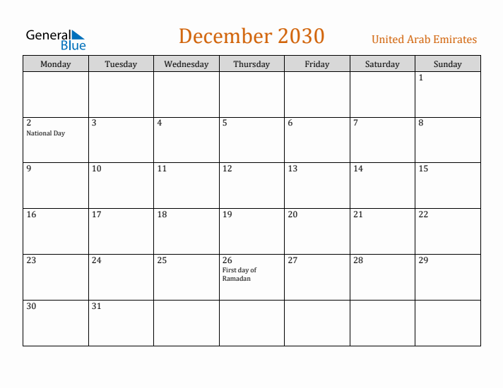 December 2030 Holiday Calendar with Monday Start