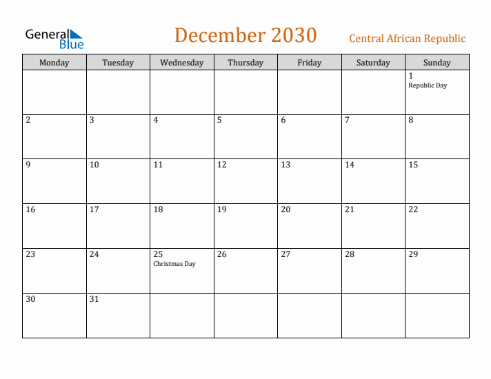 December 2030 Holiday Calendar with Monday Start