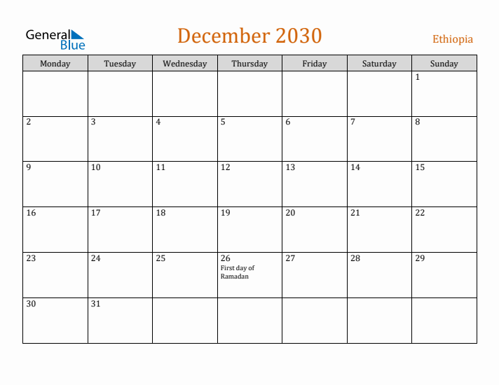 December 2030 Holiday Calendar with Monday Start