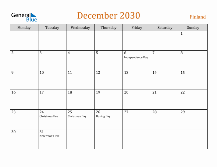 December 2030 Holiday Calendar with Monday Start