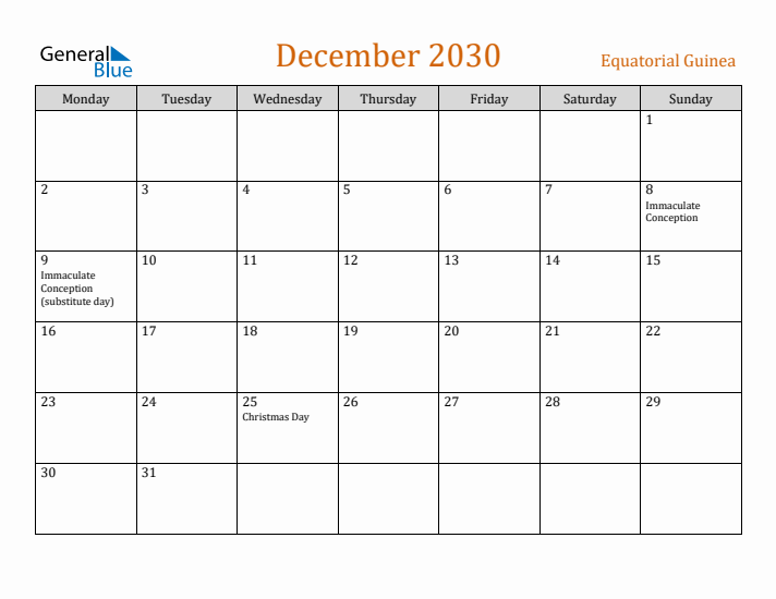 December 2030 Holiday Calendar with Monday Start