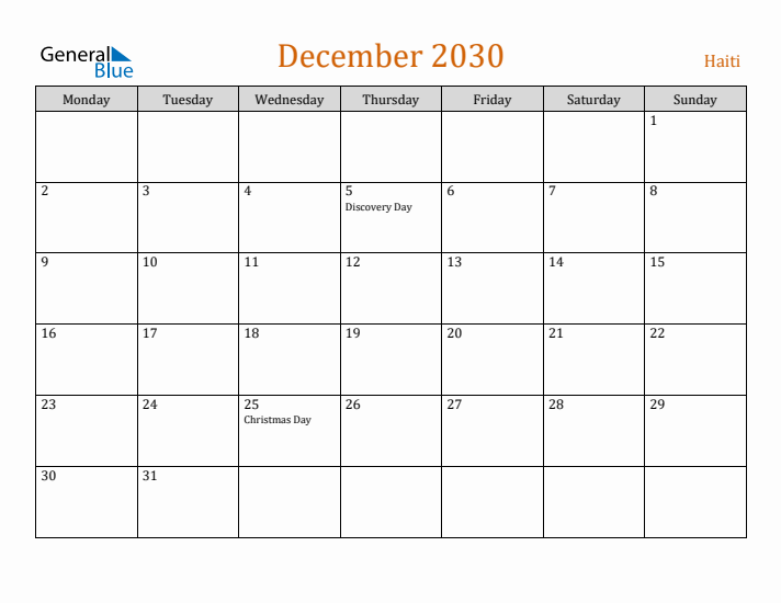 December 2030 Holiday Calendar with Monday Start