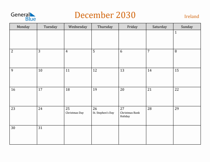 December 2030 Holiday Calendar with Monday Start