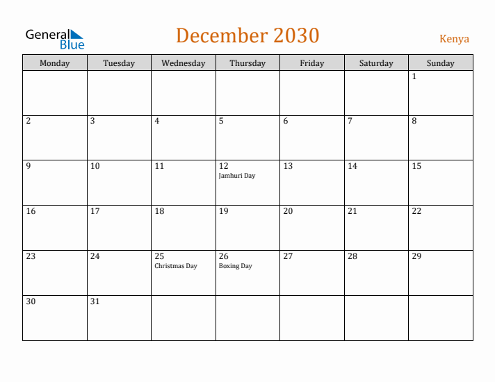 December 2030 Holiday Calendar with Monday Start