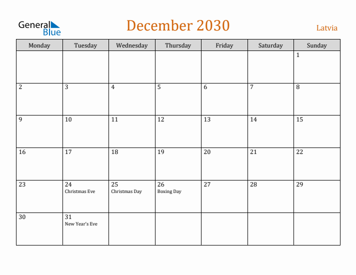 December 2030 Holiday Calendar with Monday Start