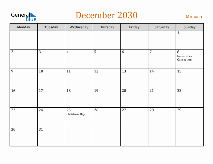 December 2030 Holiday Calendar with Monday Start