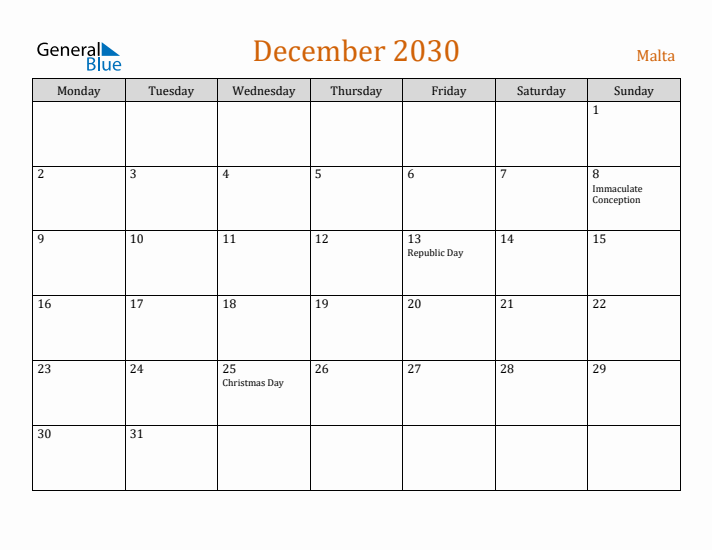 December 2030 Holiday Calendar with Monday Start