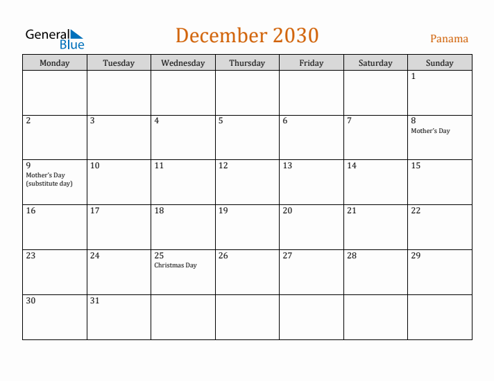 December 2030 Holiday Calendar with Monday Start