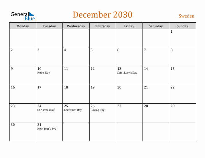 December 2030 Holiday Calendar with Monday Start