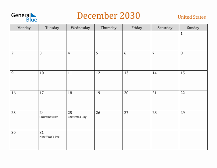 December 2030 Holiday Calendar with Monday Start