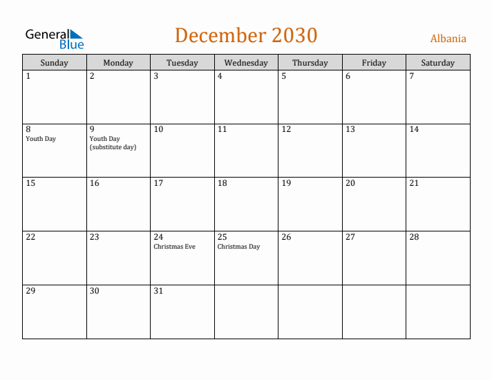 December 2030 Holiday Calendar with Sunday Start