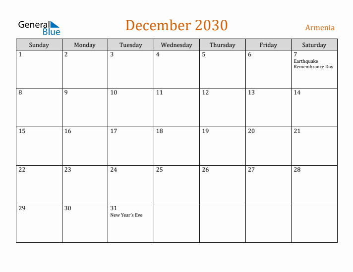 December 2030 Holiday Calendar with Sunday Start