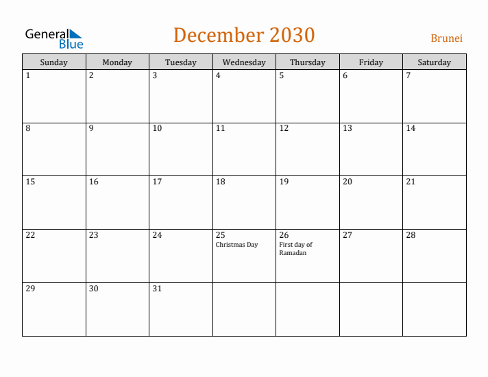 December 2030 Holiday Calendar with Sunday Start