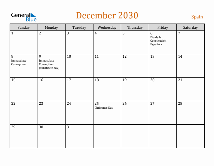 December 2030 Holiday Calendar with Sunday Start