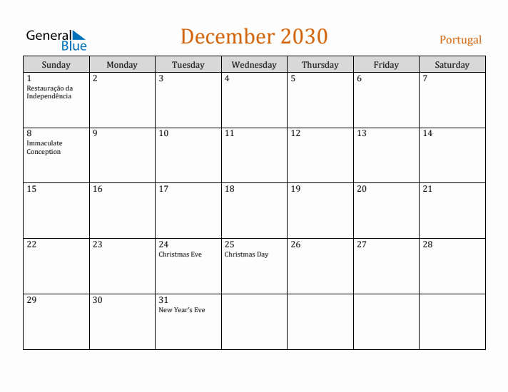 December 2030 Holiday Calendar with Sunday Start