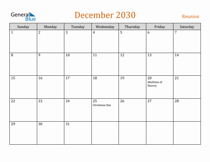 December 2030 Holiday Calendar with Sunday Start