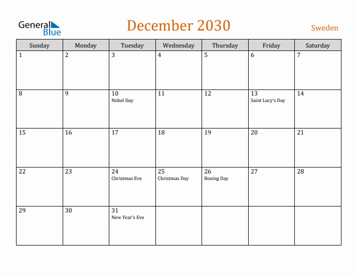 December 2030 Holiday Calendar with Sunday Start