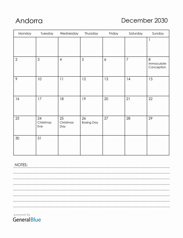 December 2030 Andorra Calendar with Holidays (Monday Start)