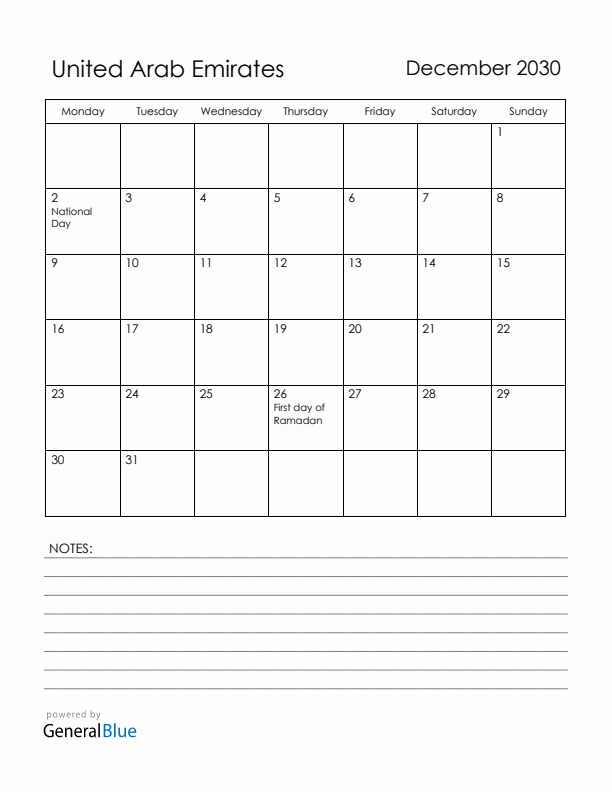 December 2030 United Arab Emirates Calendar with Holidays (Monday Start)