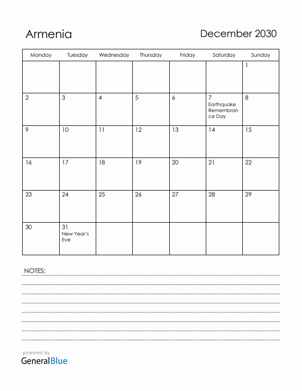 December 2030 Armenia Calendar with Holidays (Monday Start)