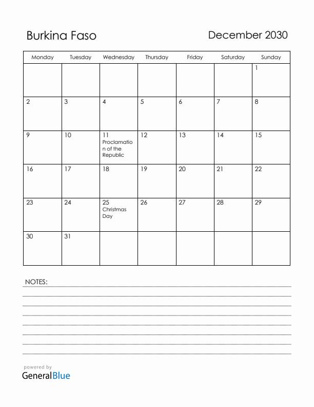 December 2030 Burkina Faso Calendar with Holidays (Monday Start)