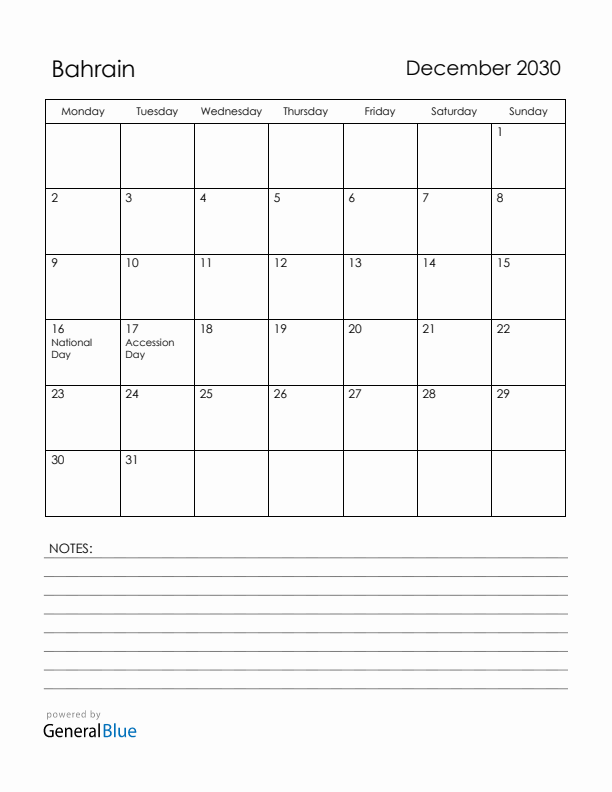 December 2030 Bahrain Calendar with Holidays (Monday Start)