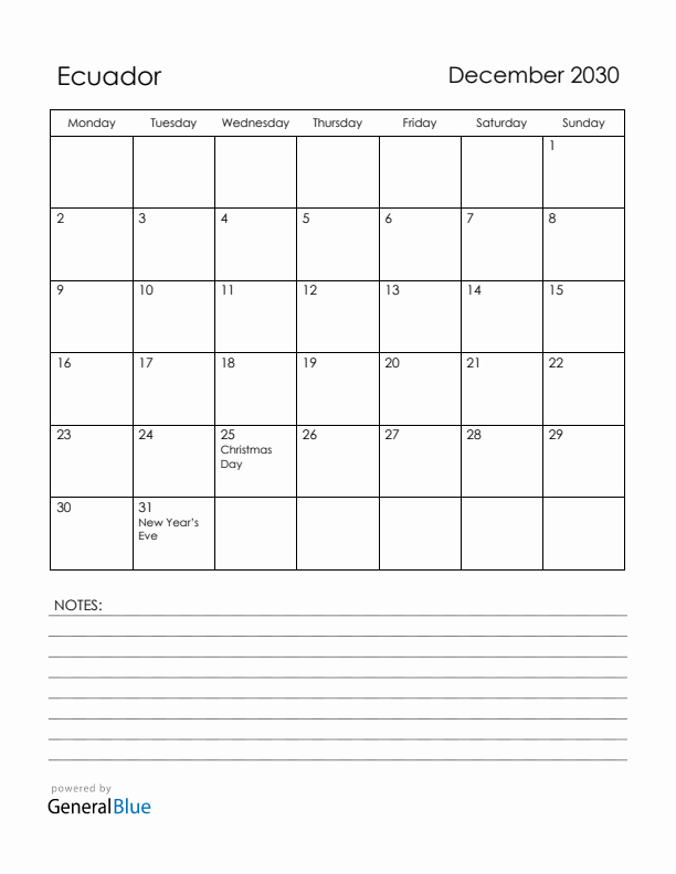 December 2030 Ecuador Calendar with Holidays (Monday Start)
