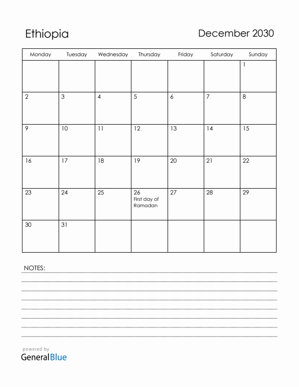 December 2030 Ethiopia Calendar with Holidays (Monday Start)