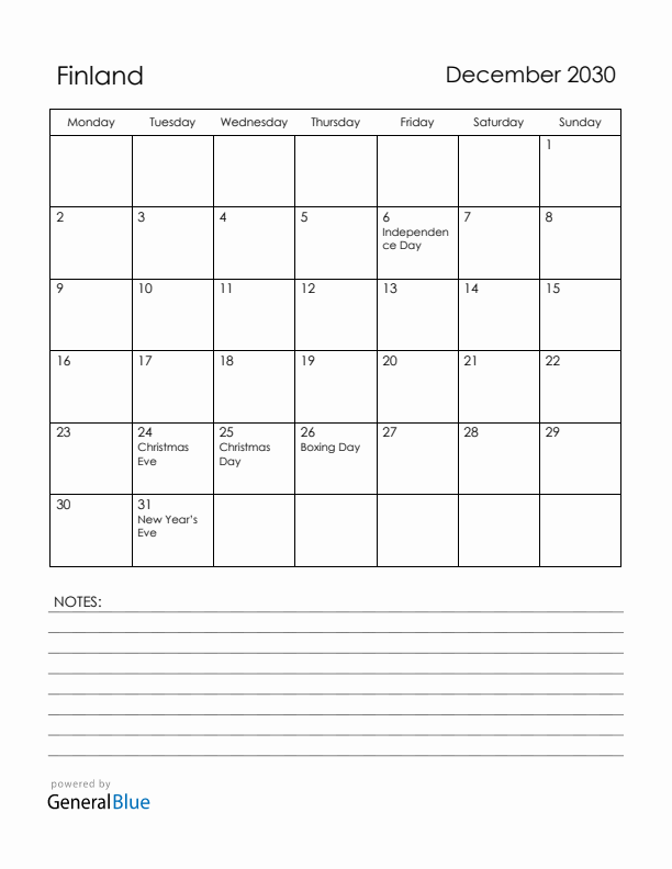 December 2030 Finland Calendar with Holidays (Monday Start)