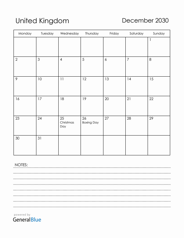 December 2030 United Kingdom Calendar with Holidays (Monday Start)