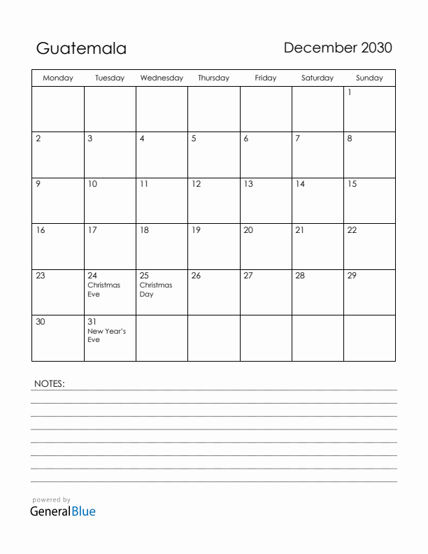 December 2030 Guatemala Calendar with Holidays (Monday Start)