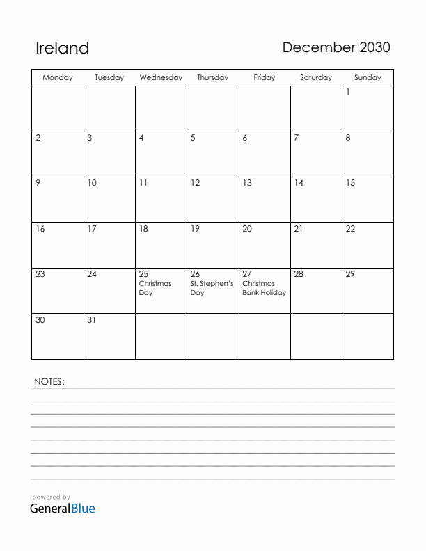 December 2030 Ireland Calendar with Holidays (Monday Start)