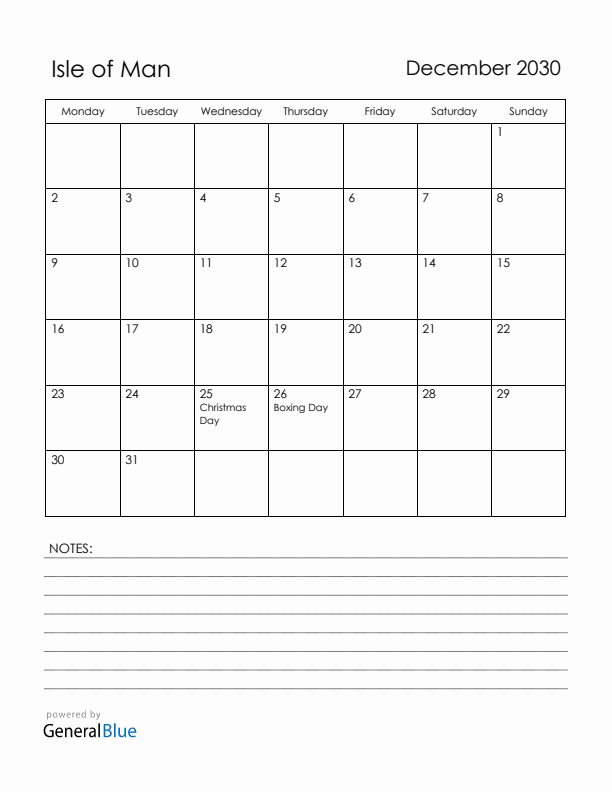 December 2030 Isle of Man Calendar with Holidays (Monday Start)